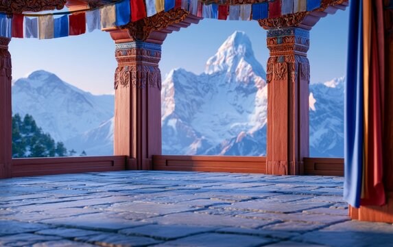 Serene Open Air Yoga Shala at Sunrise in the Himalayan Mountains