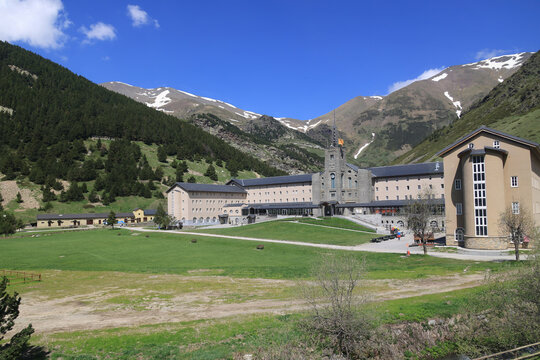 View of the Church of the Virgin of Nuria in the Nuria Valley, Spain