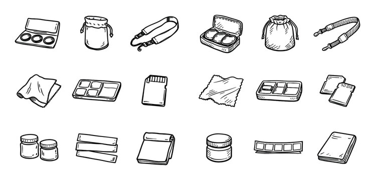 Hand drawn storage and organization icons featuring bag, jar, tape, notebook and container
