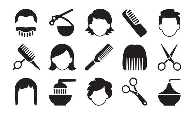 Barbershop hair salon icons set with barber tools and male female hairstyle silhouettes.