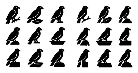 Obraz premium Bold bird icon pack featuring branches, leaves, stones and perches symbols