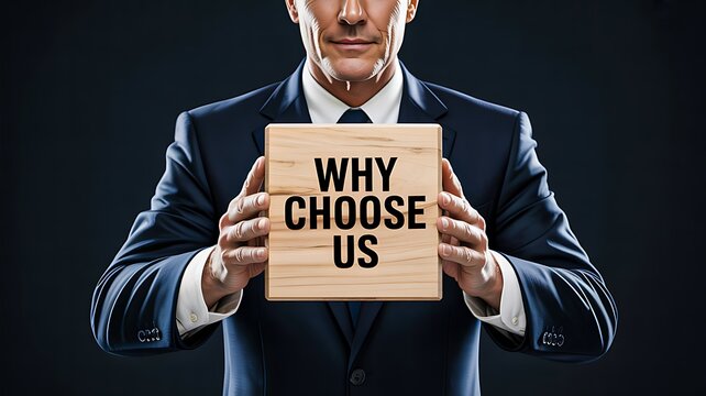 Man holding a sign asking why customers should choose his business or service