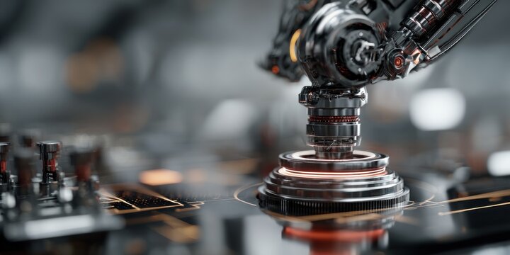 Close up of a futuristic mechanical device with metallic textures and glowing lights