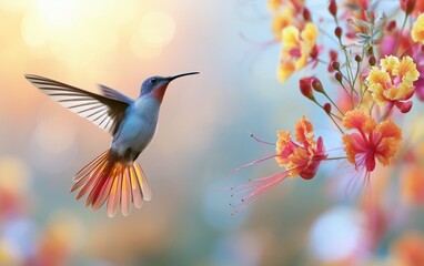 Fototapeta premium Vibrant Hummingbird Hovering Gracefully Beside Colorful Blossoms in Enchanting Garden Setting