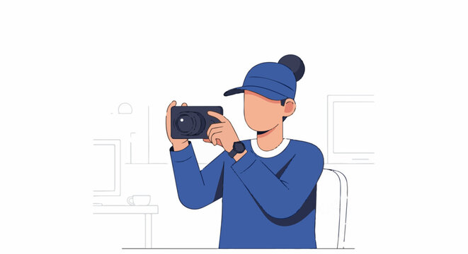 Person in blue with cap and watch holds camera, looks through lens