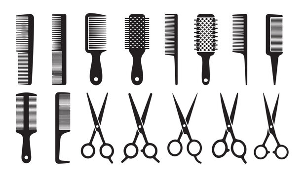 Hair combs and scissors icons set. collection of isolated barber tools symbols.