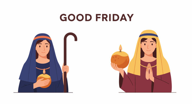 Two biblical figures hold symbolic items on Good Friday