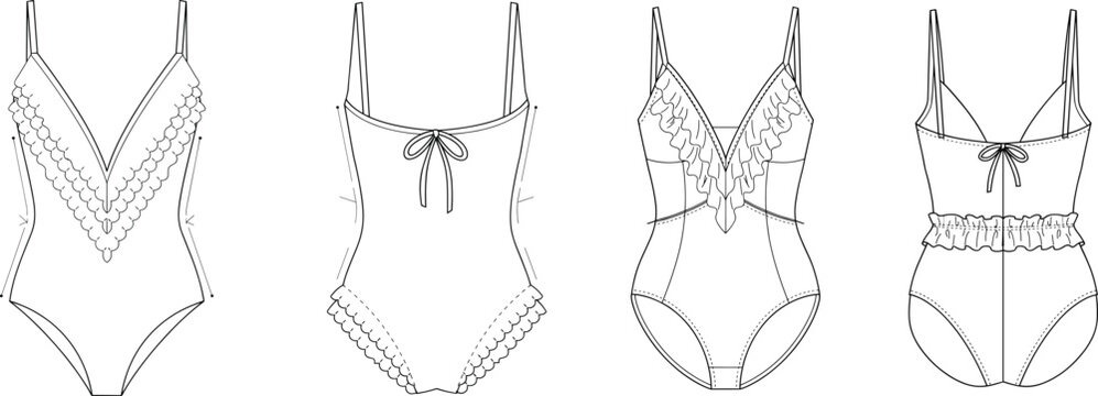 Technical fashion flat sketch of a women's one-piece swimsuit with ruffled details and tie straps for swimwear design templates and apparel tech pack development.