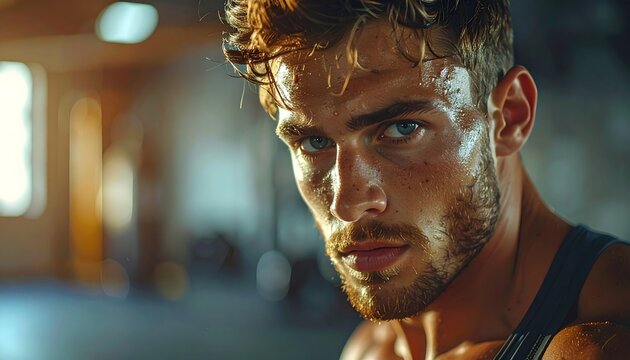 Retrato de hombre deportista sudando en gimnasio con mirada intensa y luz dram&aacute;tica durante entrenamiento