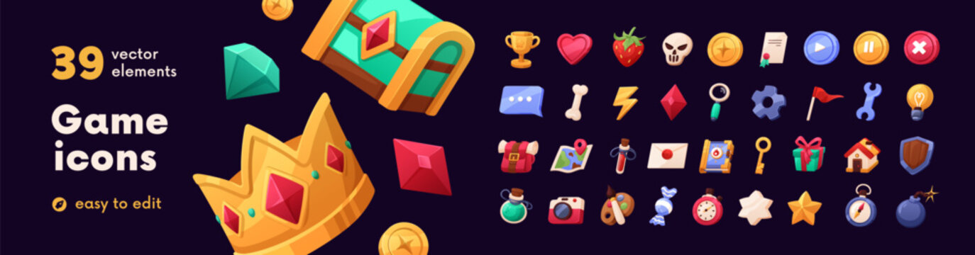 Game icons set. UI design elements, heart, gem, treasure chest, crown, key, map. GUI kit, set for interface. Cartoon skull, bomb, bone, potion, lightning and wrench. Isolated flat vector illustrations