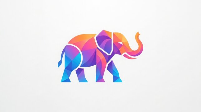 Vibrant elephant logo with geometric shapes standing on plain background