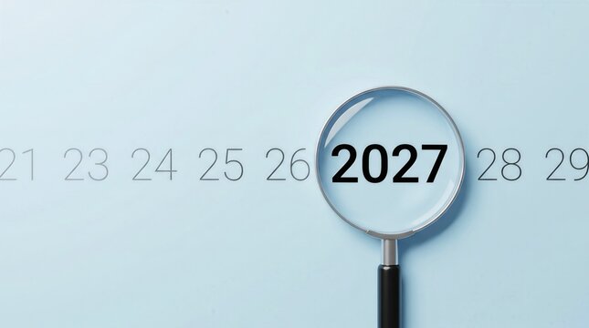 Magnifying glass focusing on 2027 year over timeline for future planning and business vision concept