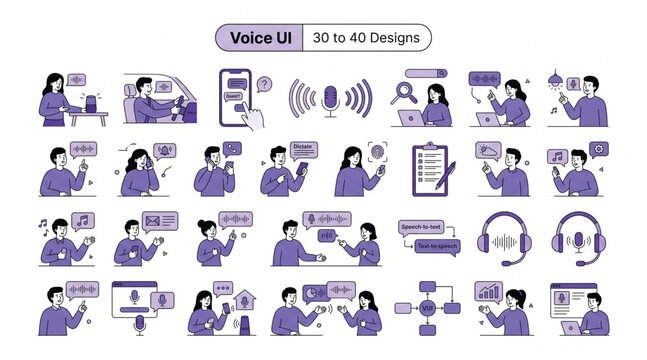 Voice user interface illustration kit showing voice control technology and virtual assistant interactions with technology assistant recognition interface artificial intelligence communication