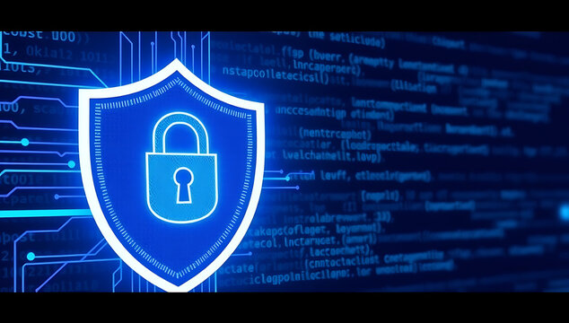 Digital Shield Protecting Data with Glowing Lock Icon on Binary Code Background