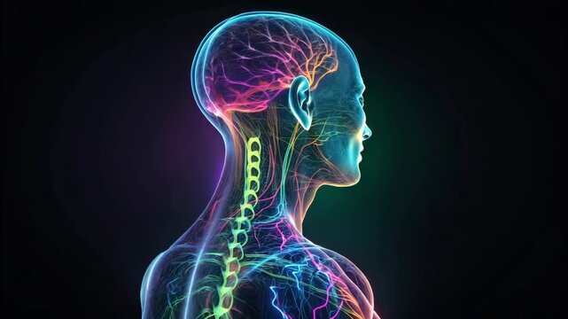 Human anatomy visualization showing brain and nervous system in profile and dorsal views with glowing neon lights