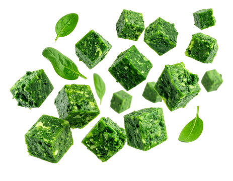 Frische fallende Spinatw&uuml;rfel isoliert f&uuml;r Food-Designer zur dynamischen Gestaltung von gesunden Rezepten und gr&uuml;nen Smoothie-Kampagnen auf transparentem Hintergrund