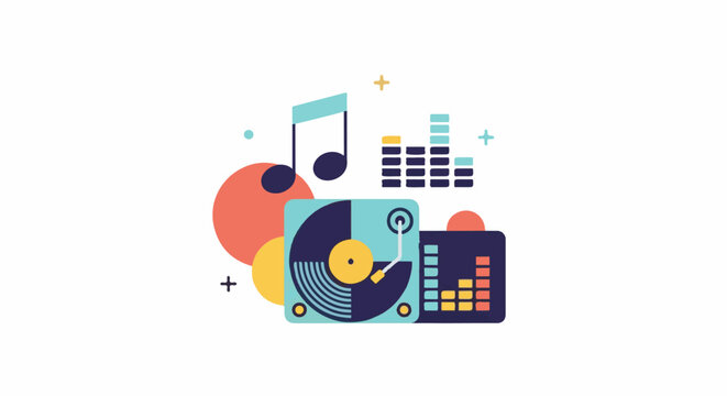 Vibrant abstract illustration of vintage audio equipment and musical notes