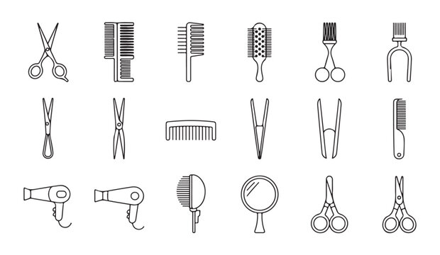 Hairdressing tools outline icons set including scissors combs brushes and hair dryers flat.