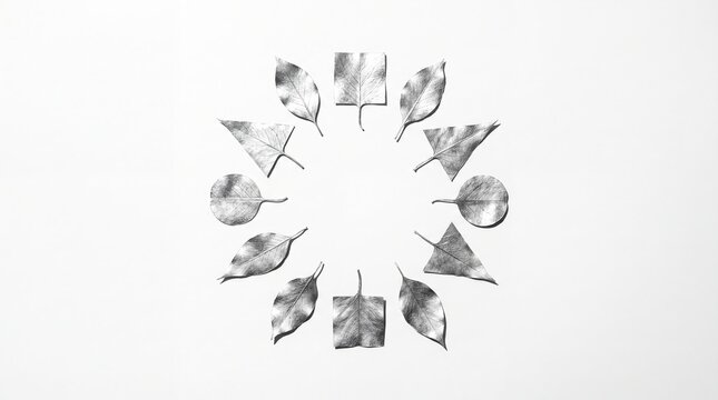 Geometric silver leaves arranged in circle on white background. Minimalist artistic composition with varied shapes. Abstract nature concept for luxury design and creative decoration.