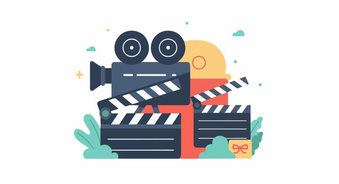 Vintage film camera, clapper boards, and decorative elements