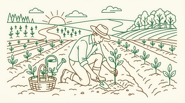Farmer managing irrigation system efficiently in a sunny agricultural field with plants