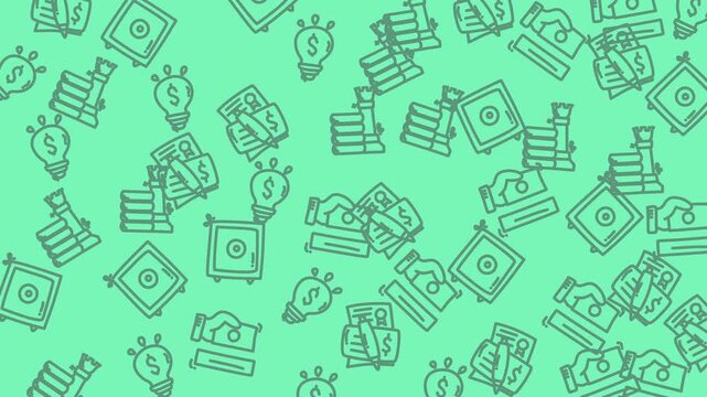 Green background money lightbulb stack vault bank icons pattern with dark outlines. Suitable for finance, banking, investment, and savings concepts.