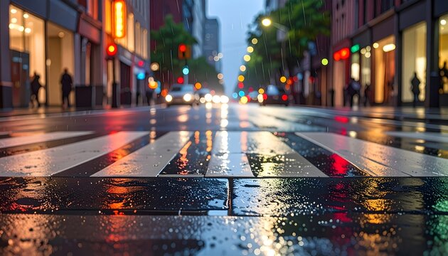 Calle urbana mojada por la lluvia con reflejos de luces y edificios en una escena nocturna de ciudad moderna