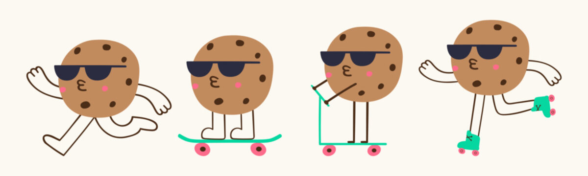 Cute cookie characters colorful flat set funny summer sports activity mascots