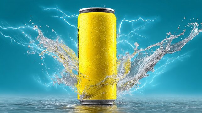 Yellow energy drink can with water splash and lightning effect. Refreshing beverage marketing concept. Dynamic advertisement for carbonated soda with power, hydration and thrill.