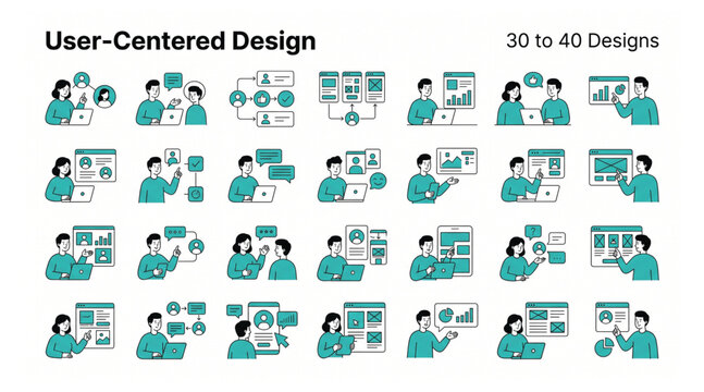 User-centered design and UX development concept illustrations with cantered development interface interaction creative feedback research application software customer strategy planning