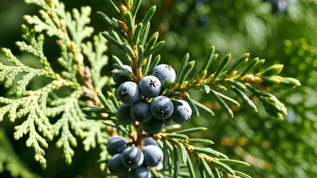 Blue juniper berries grow on a green evergreen branch