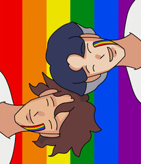 Fototapeta premium Two happy people posed head-to-head against a rainbow pride background, expressing friendship, love, solidarity, and LGBTQ+ pride.