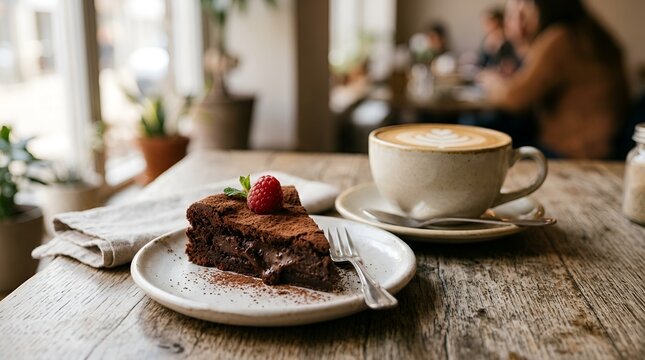 Slice of chocolate cake with coffee in a cafe setting