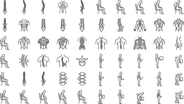 Spine health line icons set showing correct posture sitting position lifting lifting weights backache scoliosis vertebral vertebrae