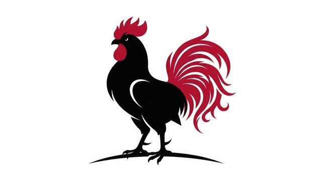 A proud rooster stands on a hill showcasing its vibrant red comb and tail feathers.