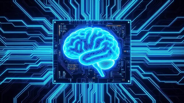 Blue glowing brain on circuit board
