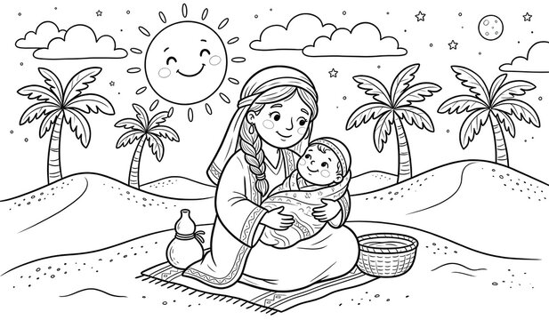  Cute storybook line art of Hagar with her son Ishmael. 