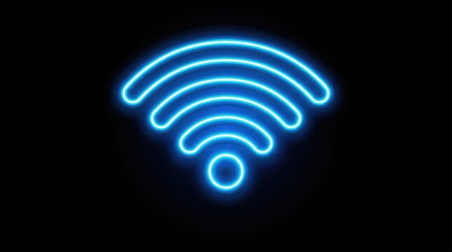 A glowing blue Wifi icon represents advanced technology in a dark environment with a standard design style.