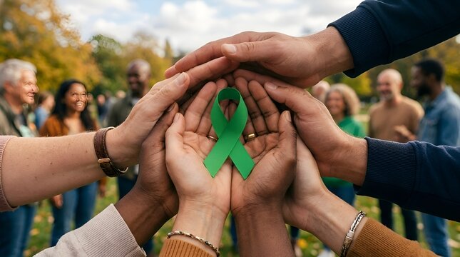 Diverse Hands Unite, Holding Green Ribbon for Awareness and Support