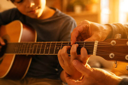 Acoustic guitar lesson with instructor teaching chord placement, warm close up music practice scene for beginner student and private music class.