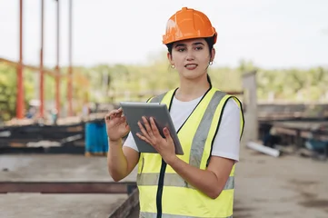 Beautiful female engineer wearing a hard hat in a factory. Wearing a hard hat, talking on a construction site. © eakarat