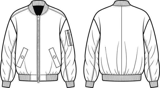 Blank bomber jacket technical fashion flat sketch template with sleeve pocket front and back view vector mockup