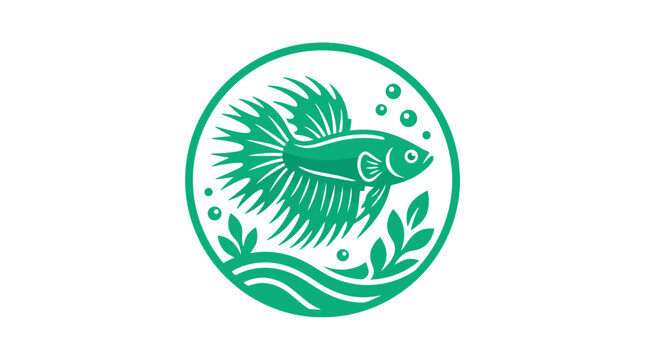 Betta fish circular logo with stylized waves and leaves.