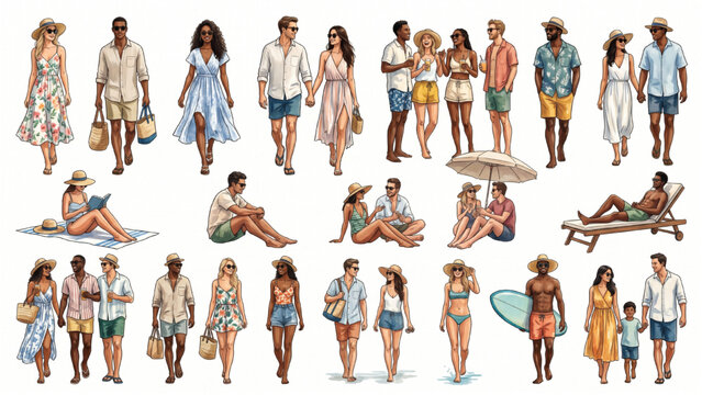 Architectural CAD Beach Resort People Pack with Diverse Summer Visitors in Relaxed Coastal Lifestyle Scenes