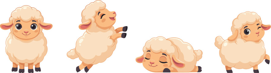 Cute cartoon baby lamb character set with four different friendly poses jumping and sleeping vector illustration isolated on white background for kids design © Ms