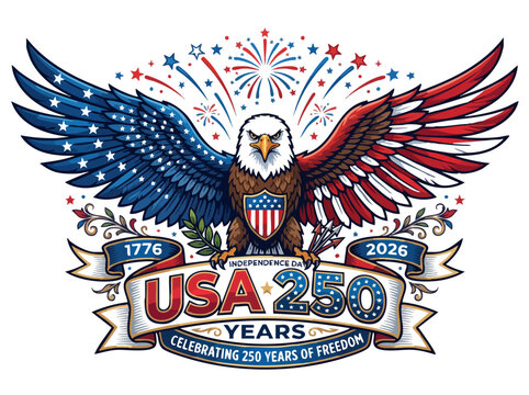 American bald eagle with wings spread in usa flag colors celebrating 250 years of independence july 4th 1776 to 2026 fireworks background