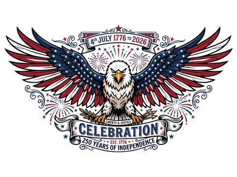 American bald eagle with wings spread in usa flag colors celebrating 250 years of independence july 4th 1776 to 2026 fireworks background