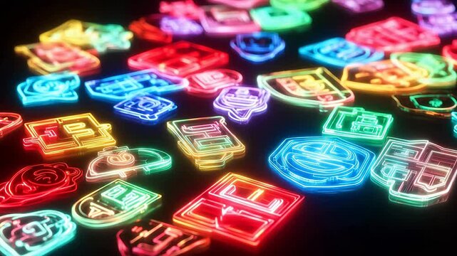 Colorful neon logo designs on dark background