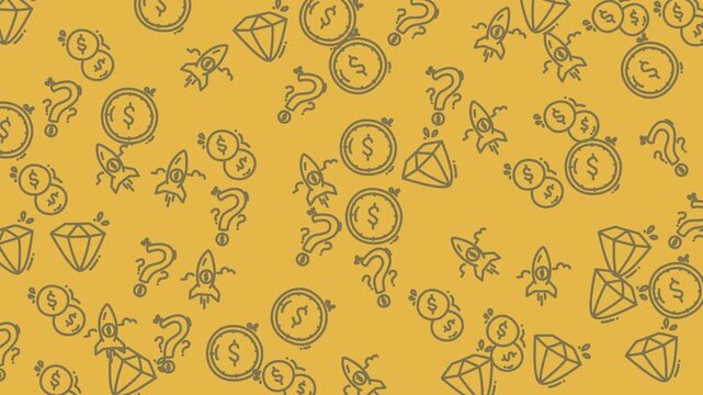 Gold background pattern with dollar coins, diamond shapes, question marks, and rocket ships. Suitable for financial, investment, crypto, spacethemed concepts.