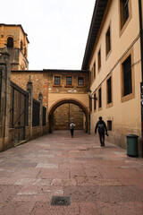 Fototapeta premium Narrow street with stone arch next to The Cathedral of San Salvador in Oviedo city, Asturias
